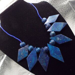 RARE LAPIS & TURQUOISE STONE ELONGATE DIAMOND SHAPED FRINGE NECKLACE 68